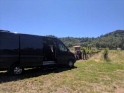 Master Wine Tours Mercedes sprinter parks in the tractor lot in Russian River Valley in Sonoma County.